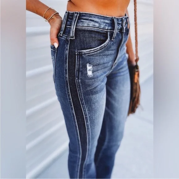 Kancan Morgan High Rise Flare Two Tone Raw Hem Flare  Distressed Denim Jeans - Picture 4 of 12